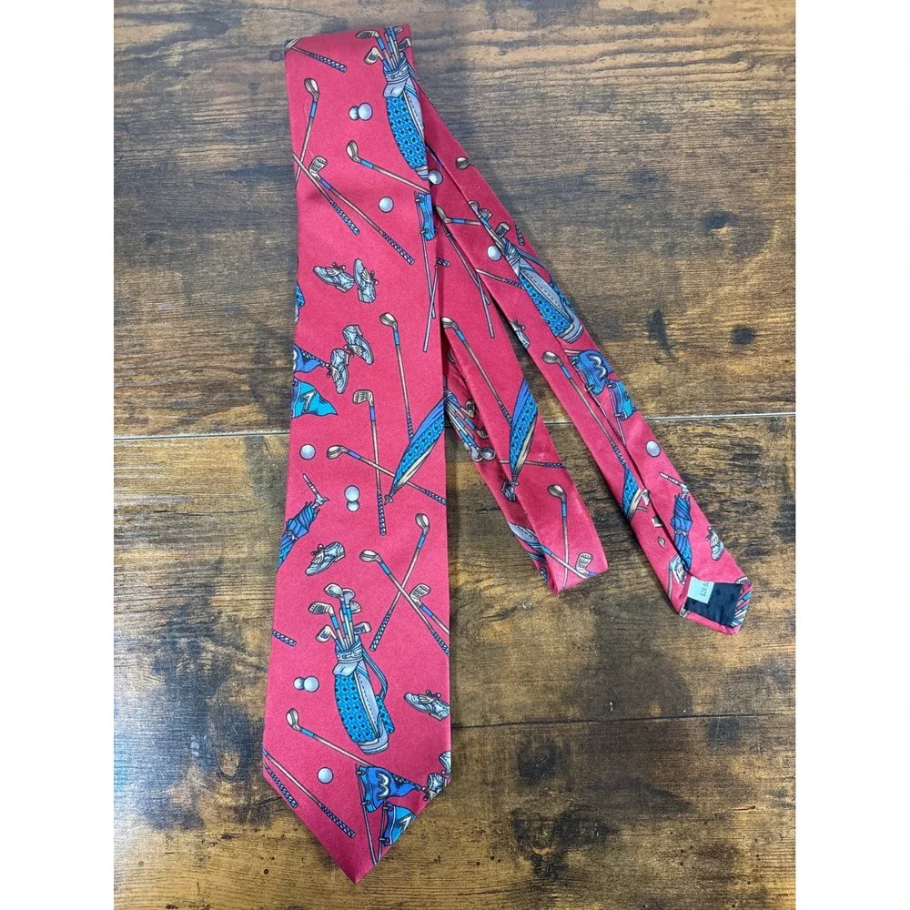 Rooster West End Collection Mens Red Silk Golf Motif Necktie Made in USA Classic